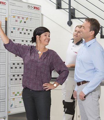 Priorisieren mit dem Team gemeinsam an einer Baustellenplanwand Priorisieren mit dem Team gemeinsam an einer Baustellenplanwand